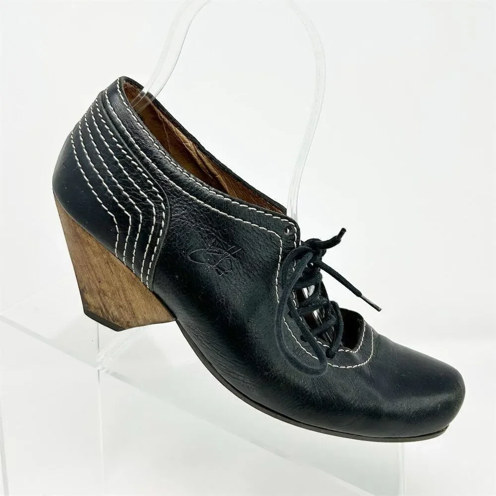 John Fluevog Women's Black Leather Lace-Up Heels Size 6.5 Formal Shoes Dressy